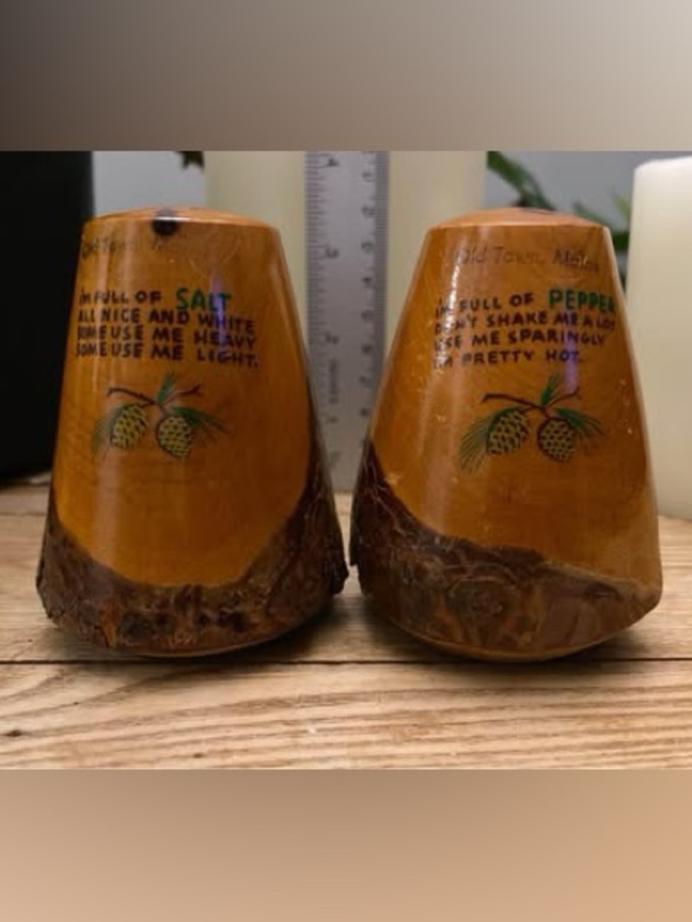 Vintage Live Edge Bark Wood Salt Pepper Shakers Old Town Maine Souvenir